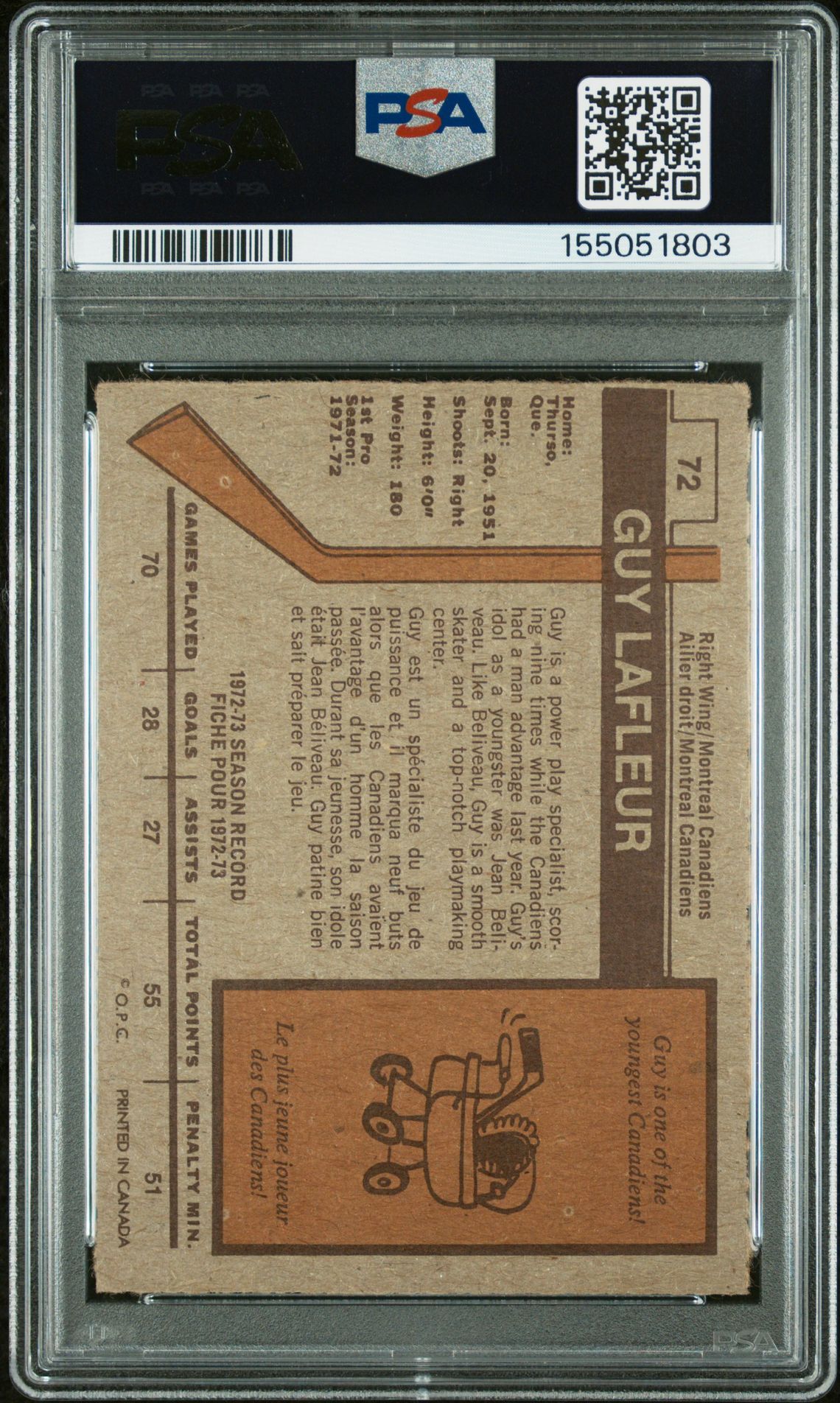 1973 O-Pee-Chee Guy Lafleur #72 Ex-Mt 6 back