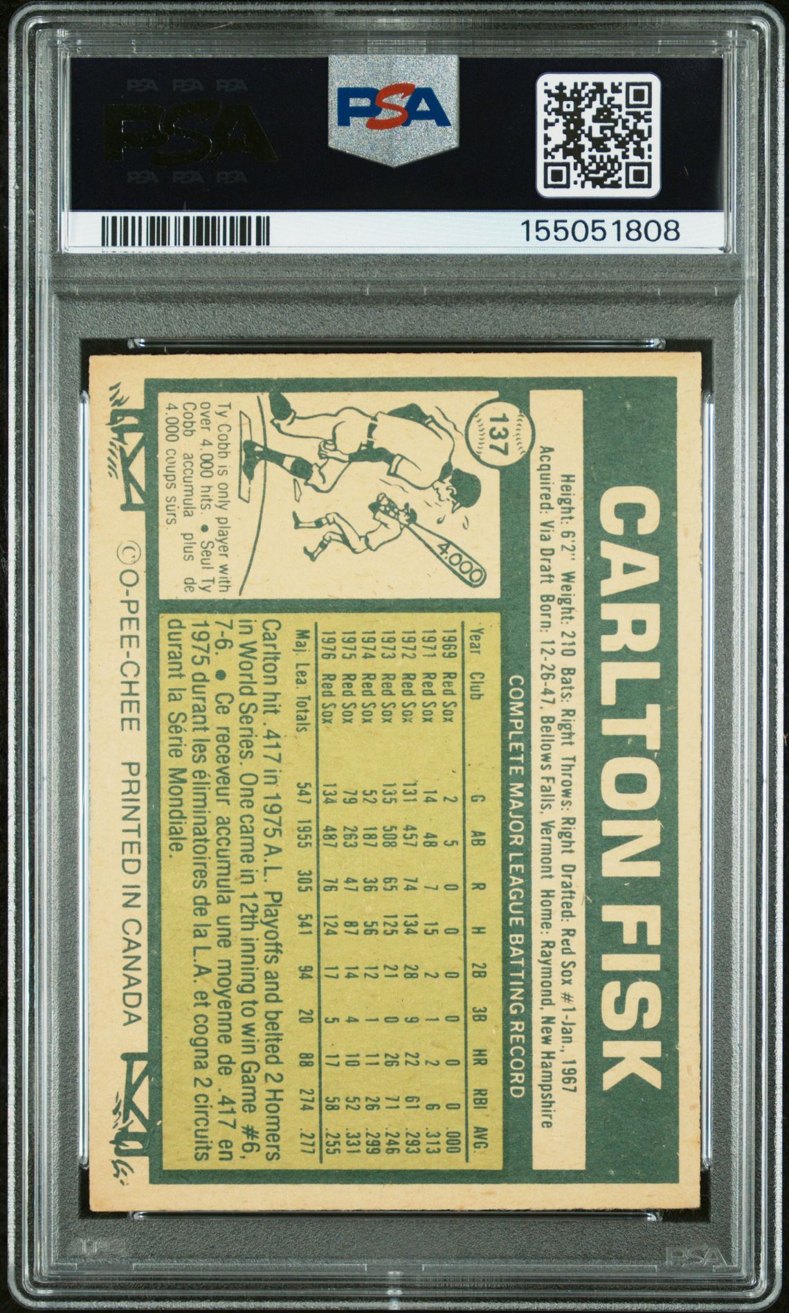 1977 O-Pee-Chee Carlton Fisk #137 Ex 5 back