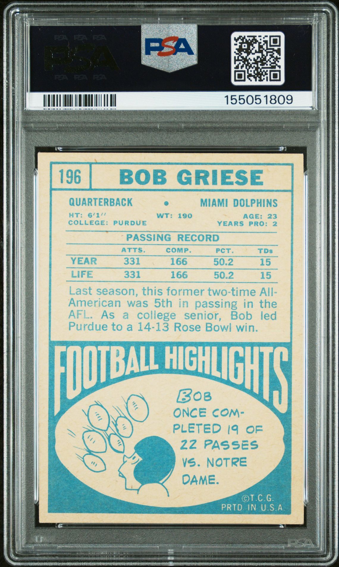1968 Topps Bob Griese #196 Ex-Mt 6 back