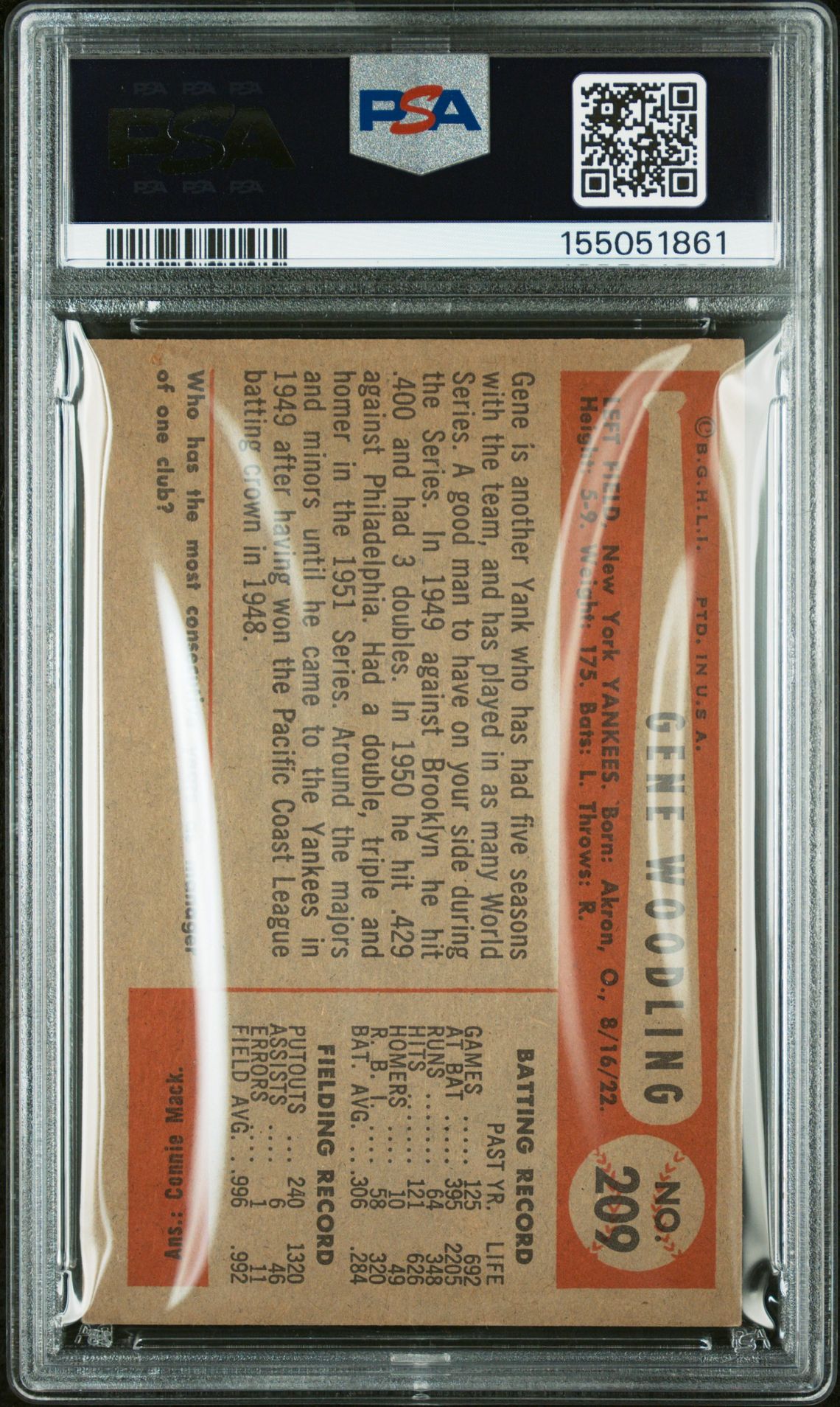 1954 Bowman Gene Woodling #209 Ex-Mt 6 back