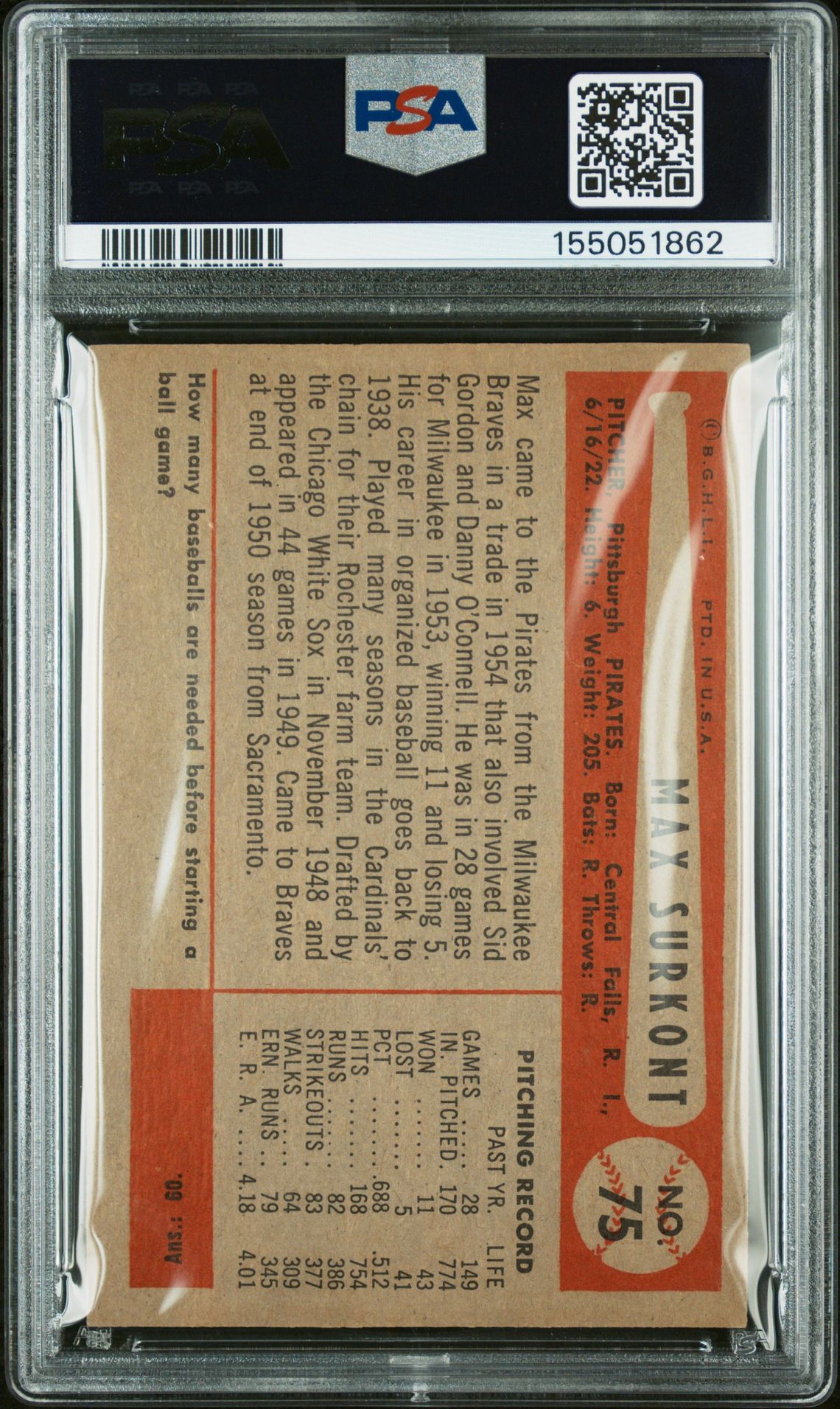 1954 Bowman Max Surkont #75 Ex 5 back