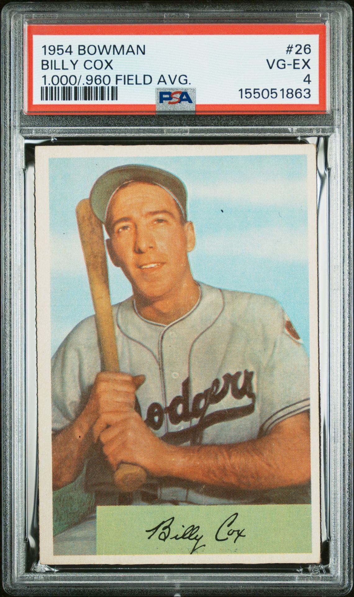1954 Bowman Billy Cox #26 (1.000/.960 Field Avg.) Vg-Ex 4 front