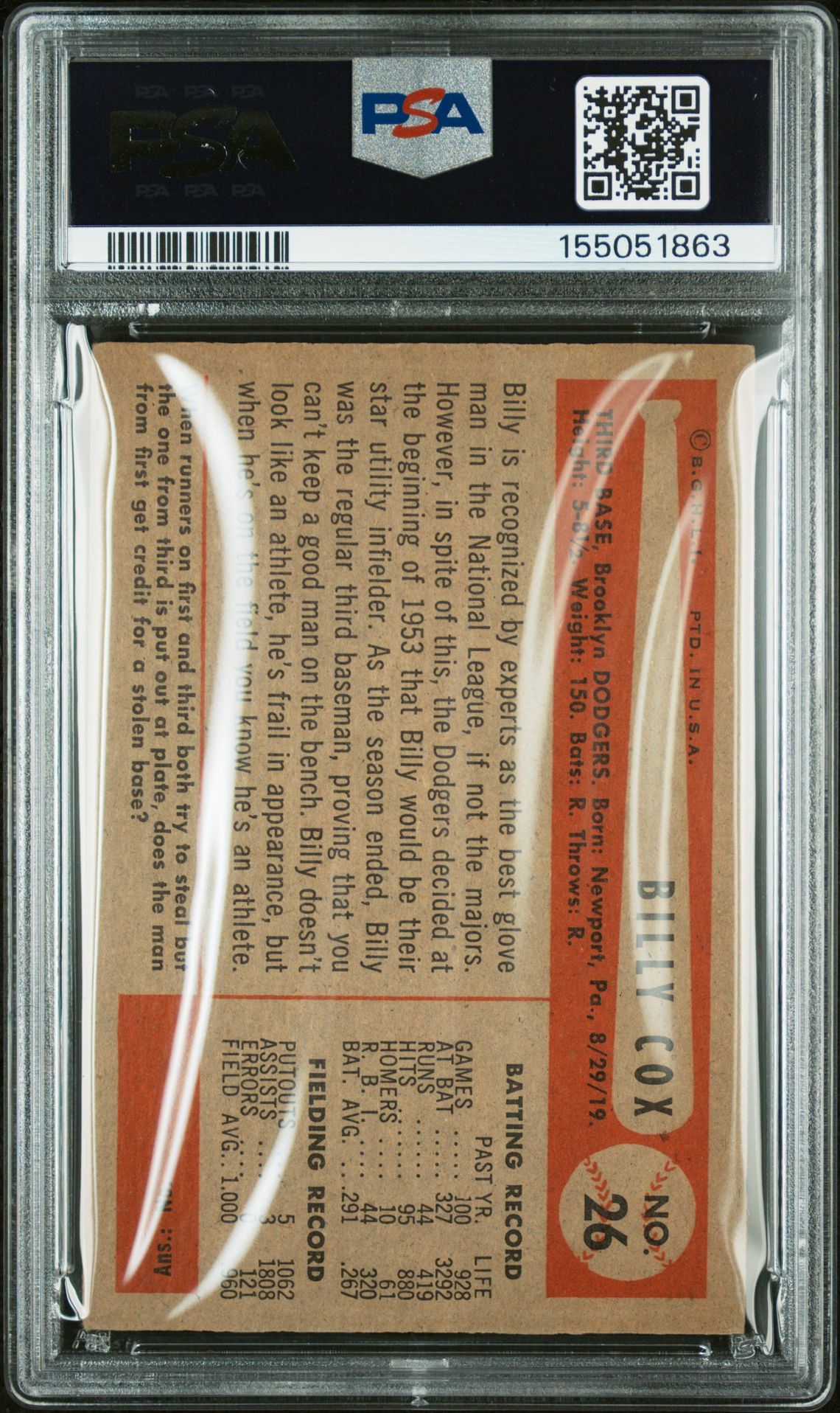 1954 Bowman Billy Cox #26 (1.000/.960 Field Avg.) Vg-Ex 4 back