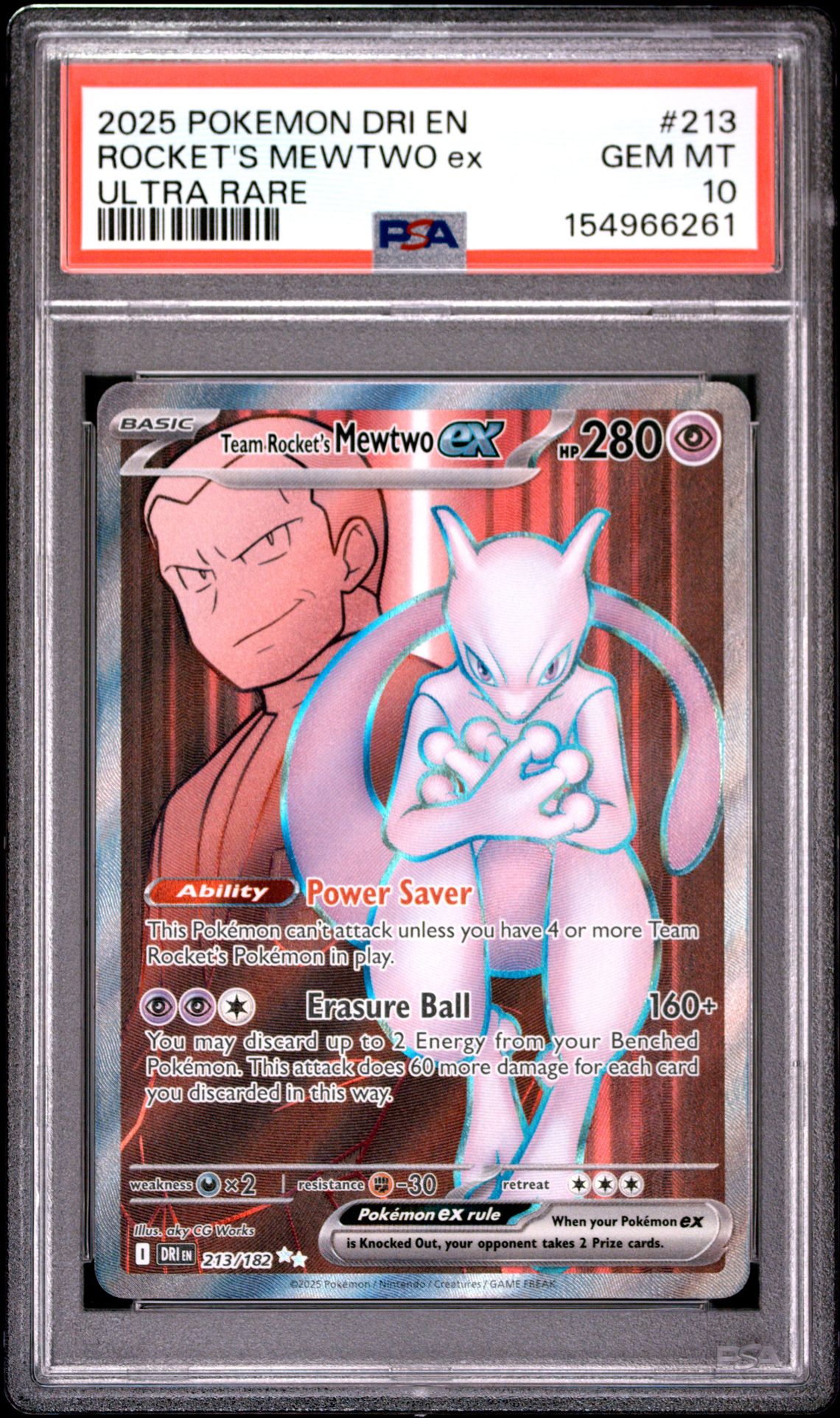 2025 Pokemon Dri En-Destined Rivals Rocket's Mewtwo Ex #213 (Ultra Rare) Gem Mt 10 front