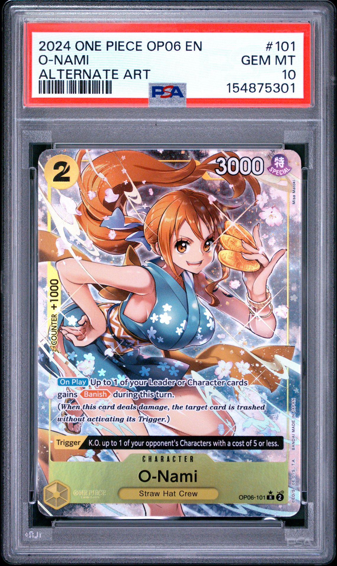 2024 ONE PIECE OP06-WINGS OF THE CAPTAIN O-NAMI ALTERNATE ART 101 GEM MT 10 front