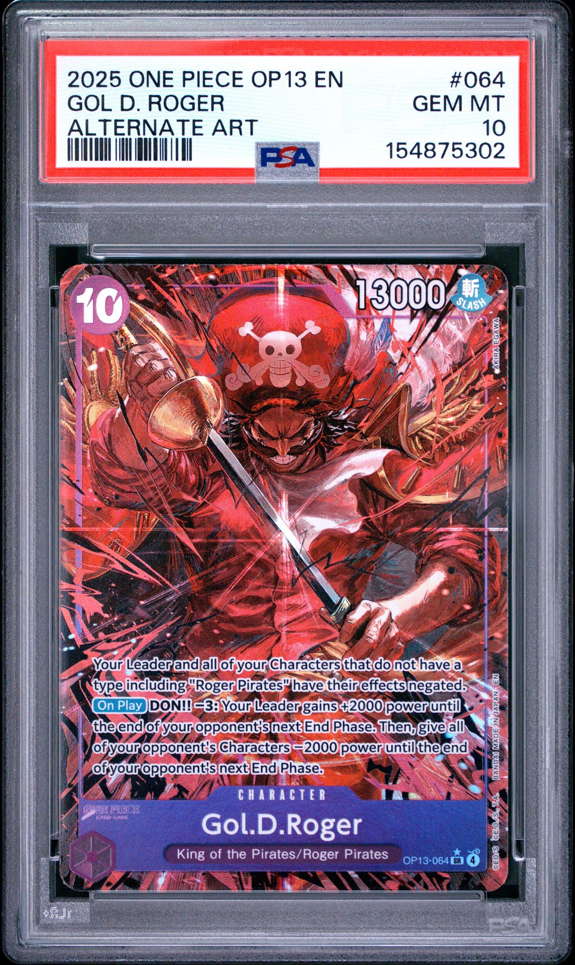 2025 One Piece Op13-Carrying On His Will Gol D. Roger #064 (Alternate Art) Gem Mt 10 front view - PSA graded GEM MT 10