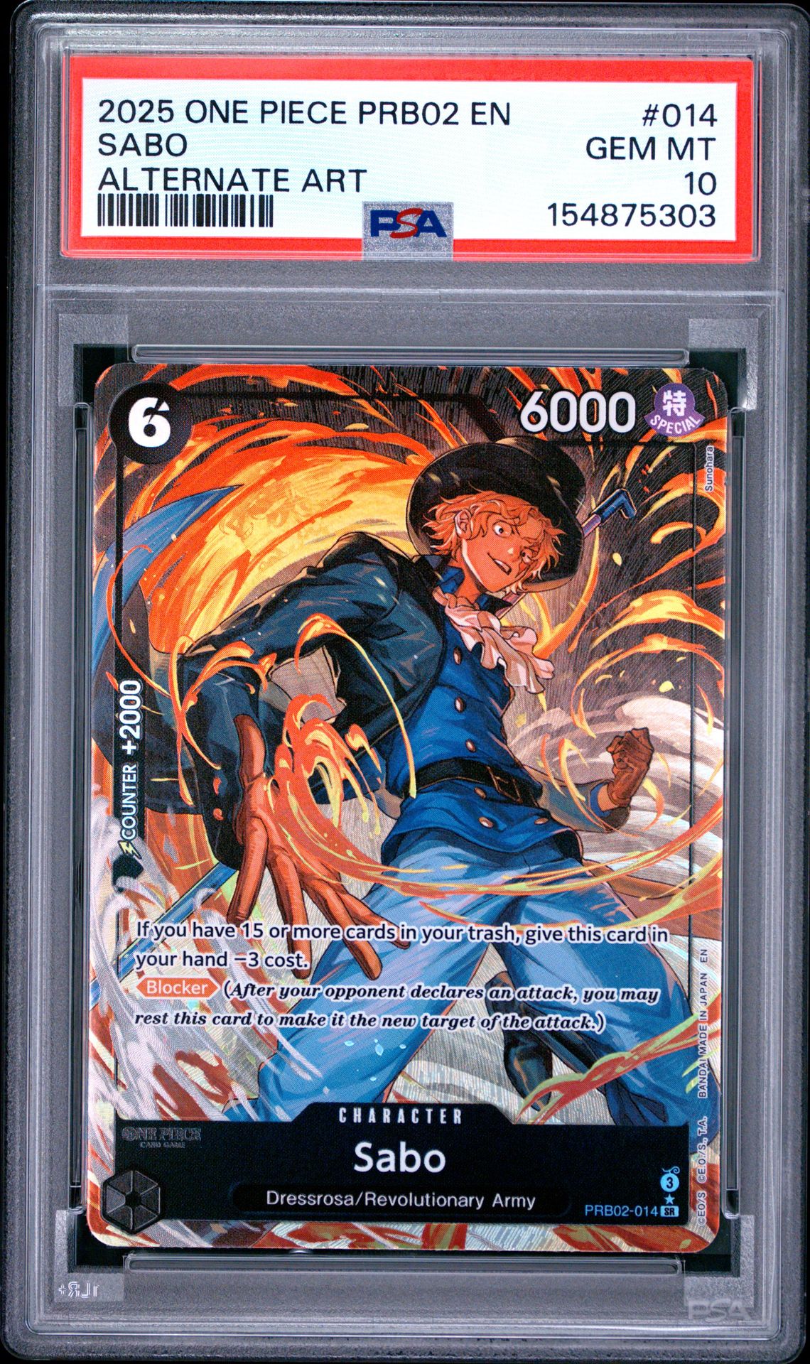 2025 One Piece Prb02-Premium Booster -One Piece Card The Best- Vol.2 Sabo #014 (Alternate Art) Gem Mt 10 front view - PSA graded GEM MT 10