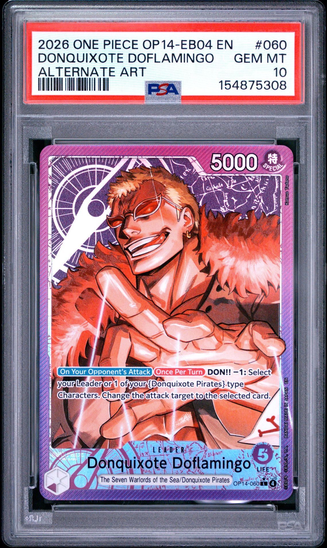 2026 One Piece Op14-Eb04-The Azure Sea's Seven Donquixote Doflamingo #060 (Alternate Art) Gem Mt 10 front view - PSA graded GEM MT 10