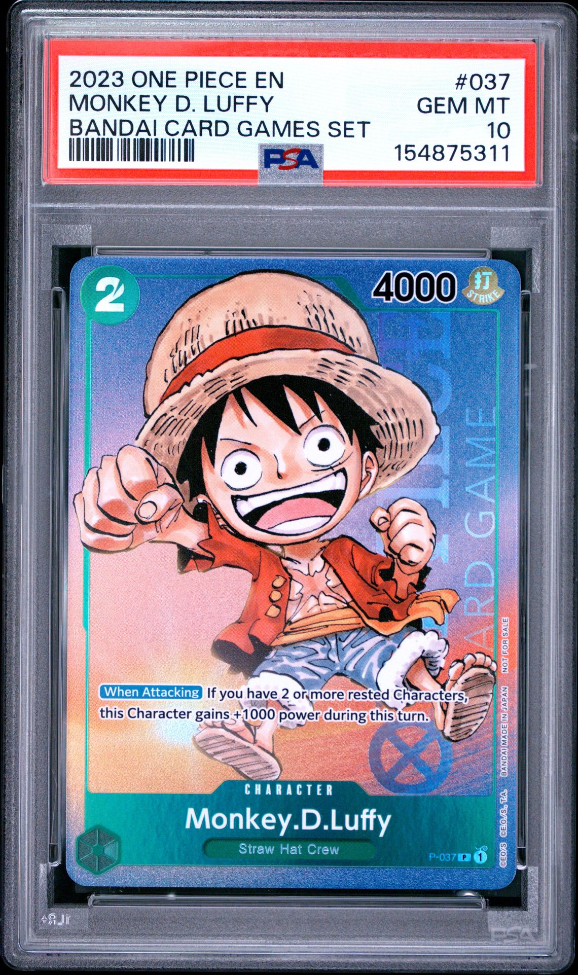 2023 One Piece Promos Monkey D. Luffy #037 (Bandai Card Games Set) Gem Mt 10 front view - PSA graded GEM MT 10