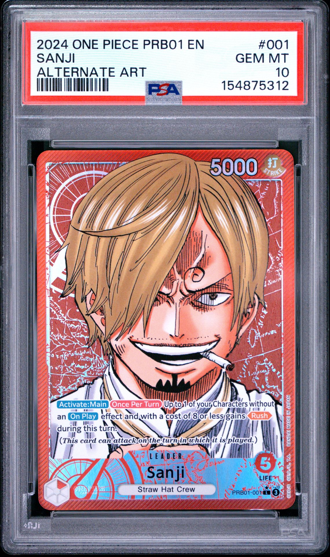2024 One Piece Prb01-Premium Booster -One Piece Card The Best- Sanji #001 (Alternate Art) Gem Mt 10 front view - PSA graded GEM MT 10