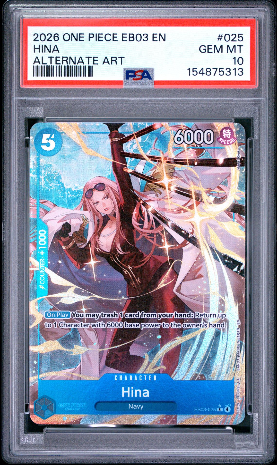 2026 One Piece Eb03-Extra Booster -One Piece Heroines Edition- Hina #025 (Alternate Art) Gem Mt 10 front view - PSA graded GEM MT 10