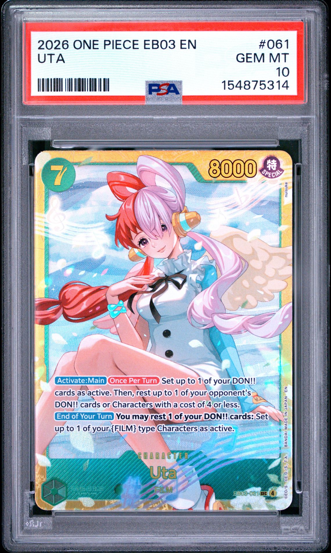 2026 One Piece Eb03-Extra Booster -One Piece Heroines Edition- Uta #061 Gem Mt 10 front view - PSA graded GEM MT 10