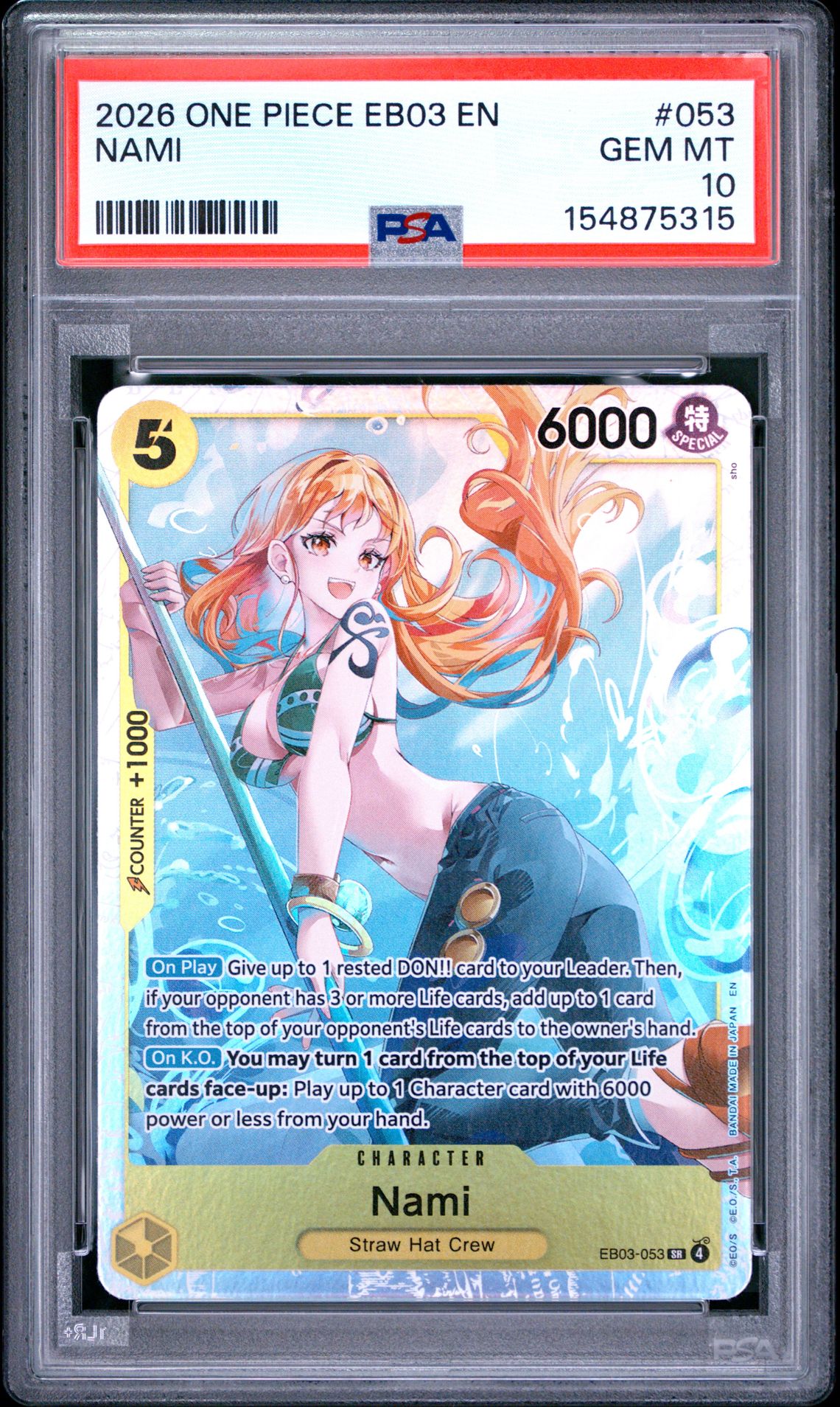 2026 One Piece Eb03-Extra Booster -One Piece Heroines Edition- Nami #053 Gem Mt 10 front view - PSA graded GEM MT 10