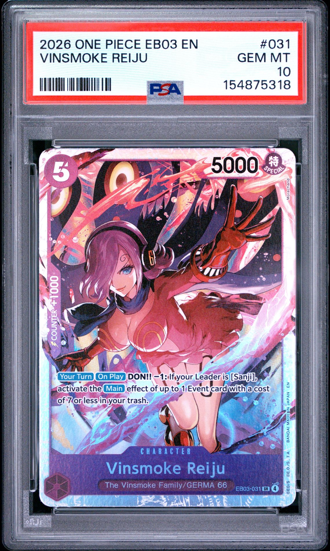 2026 One Piece Eb03-Extra Booster -One Piece Heroines Edition- Vinsmoke Reiju #031 Gem Mt 10 front view - PSA graded GEM MT 10