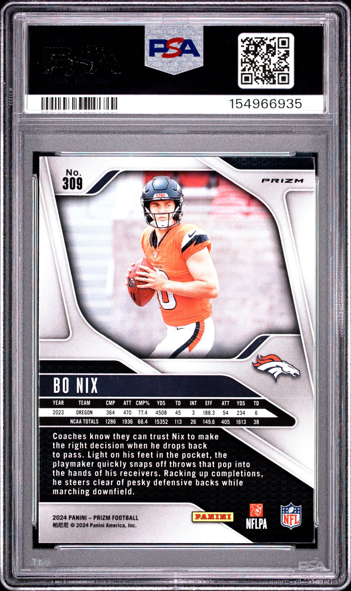 2024 Panini Prizm Bo Nix #309 (Silver Prizm) Mint 9 back
