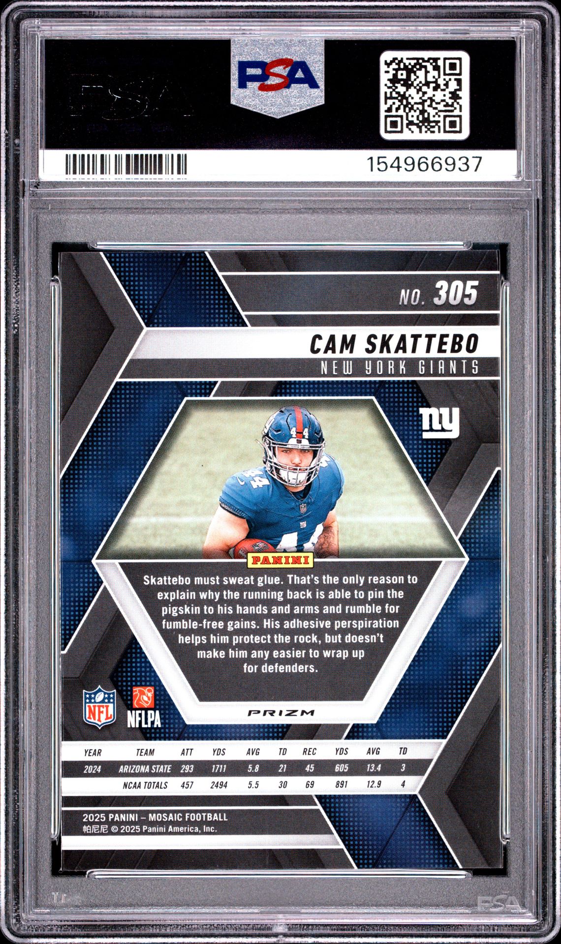 2025 Panini Mosaic Cam Skattebo #305 (Genesis) Gem Mt 10 back view - PSA certificate #154966937