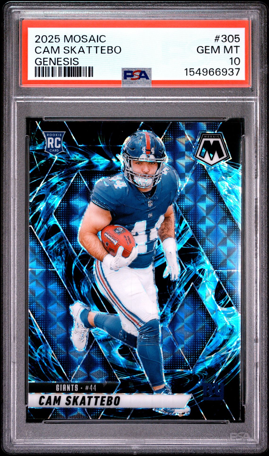 2025 Panini Mosaic Cam Skattebo #305 (Genesis) Gem Mt 10 front view - PSA graded GEM MT 10