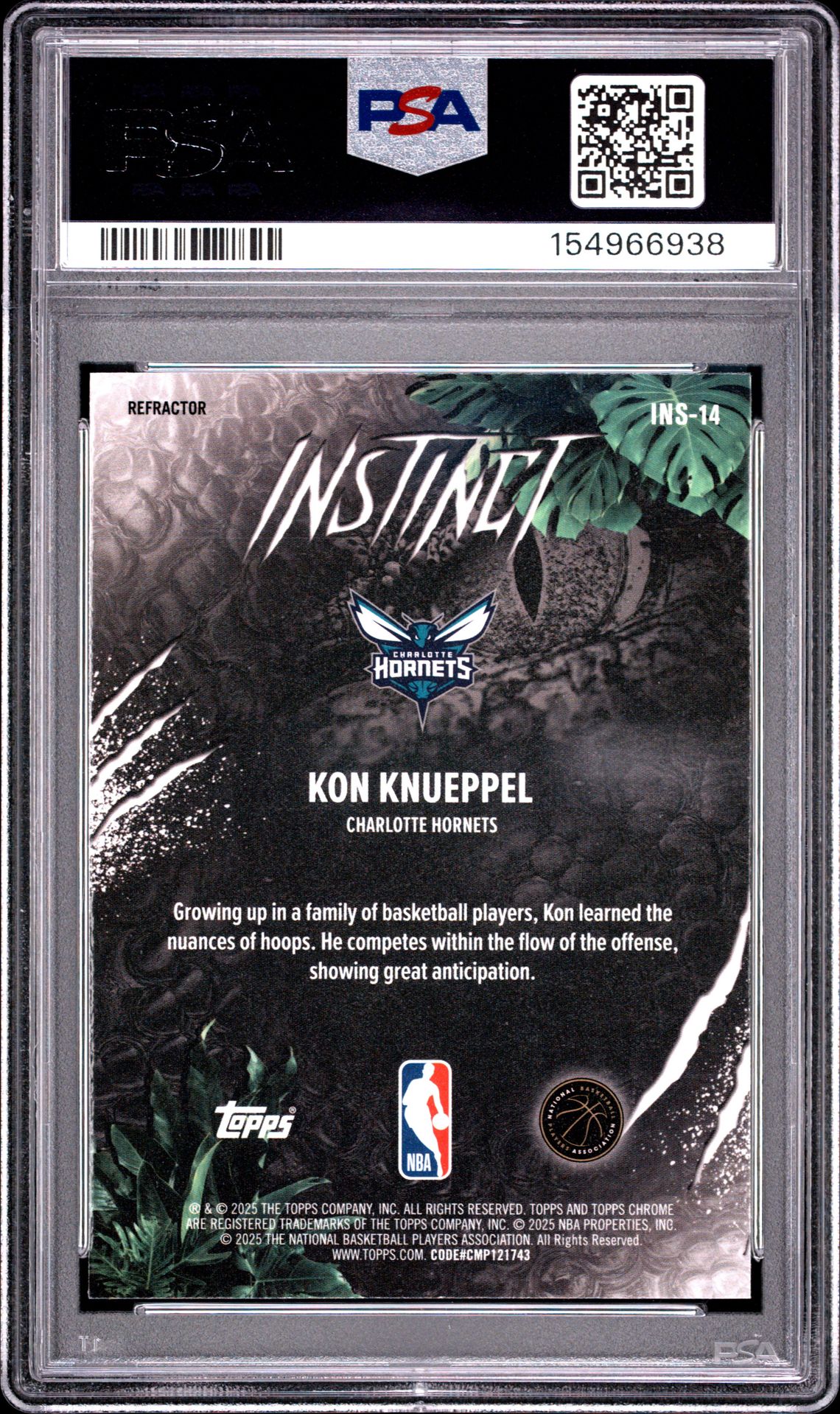 2025 Topps Chrome Instinct Kon Knueppel #Ins-14 (Instinct-Refractor) Gem Mt 10 back view - PSA certificate #154966938