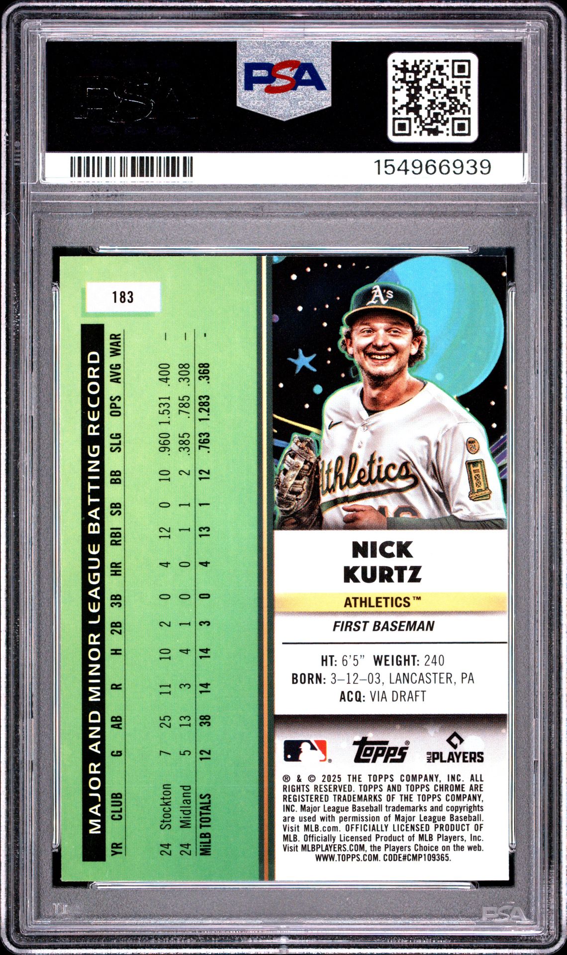 2025 Topps Cosmic Chrome Nick Kurtz #183 (Nucleus) Gem Mt 10 back view - PSA certificate #154966939