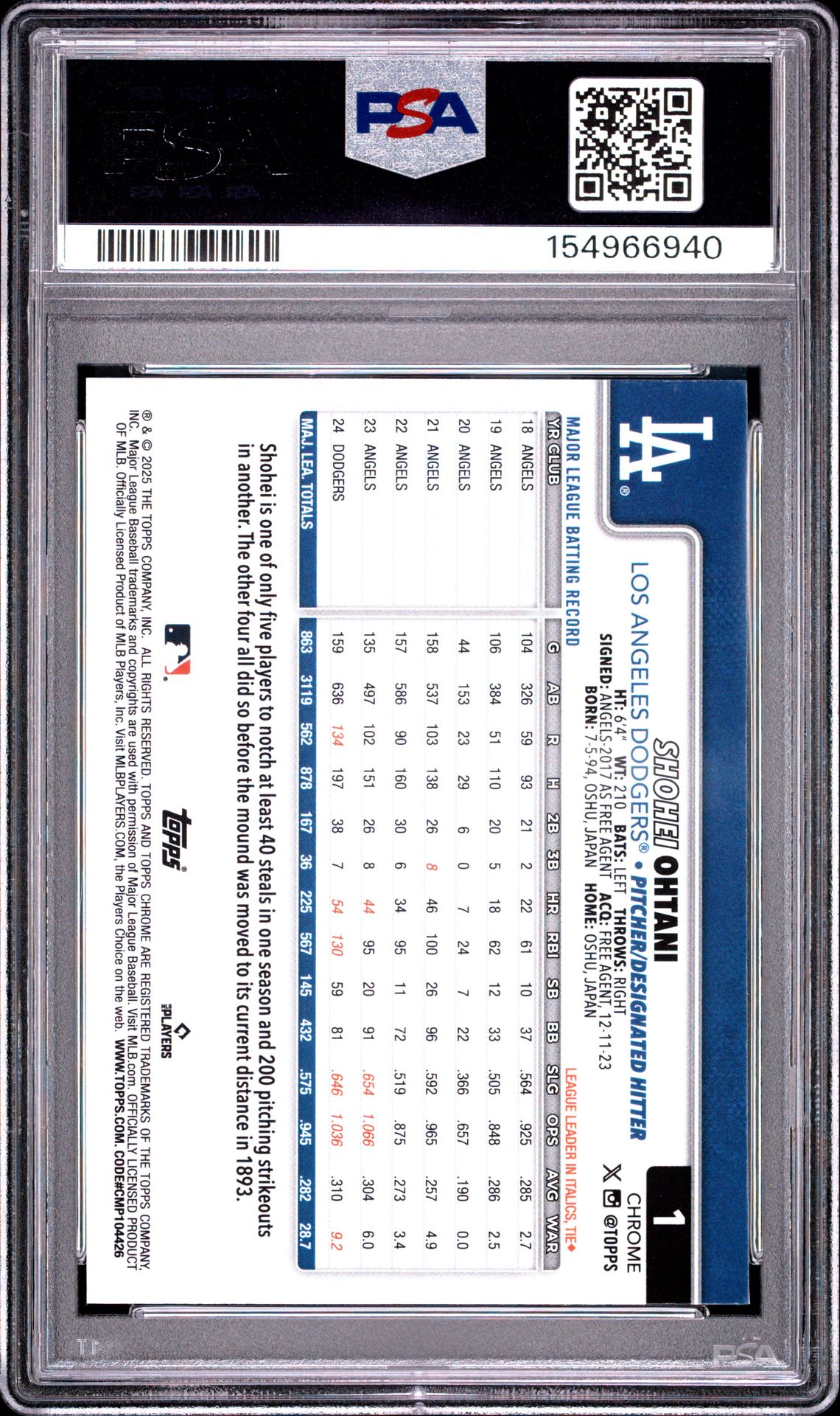 2025 Topps Chrome Shohei Ohtani #1 (X-Fractor) Mint 9 back