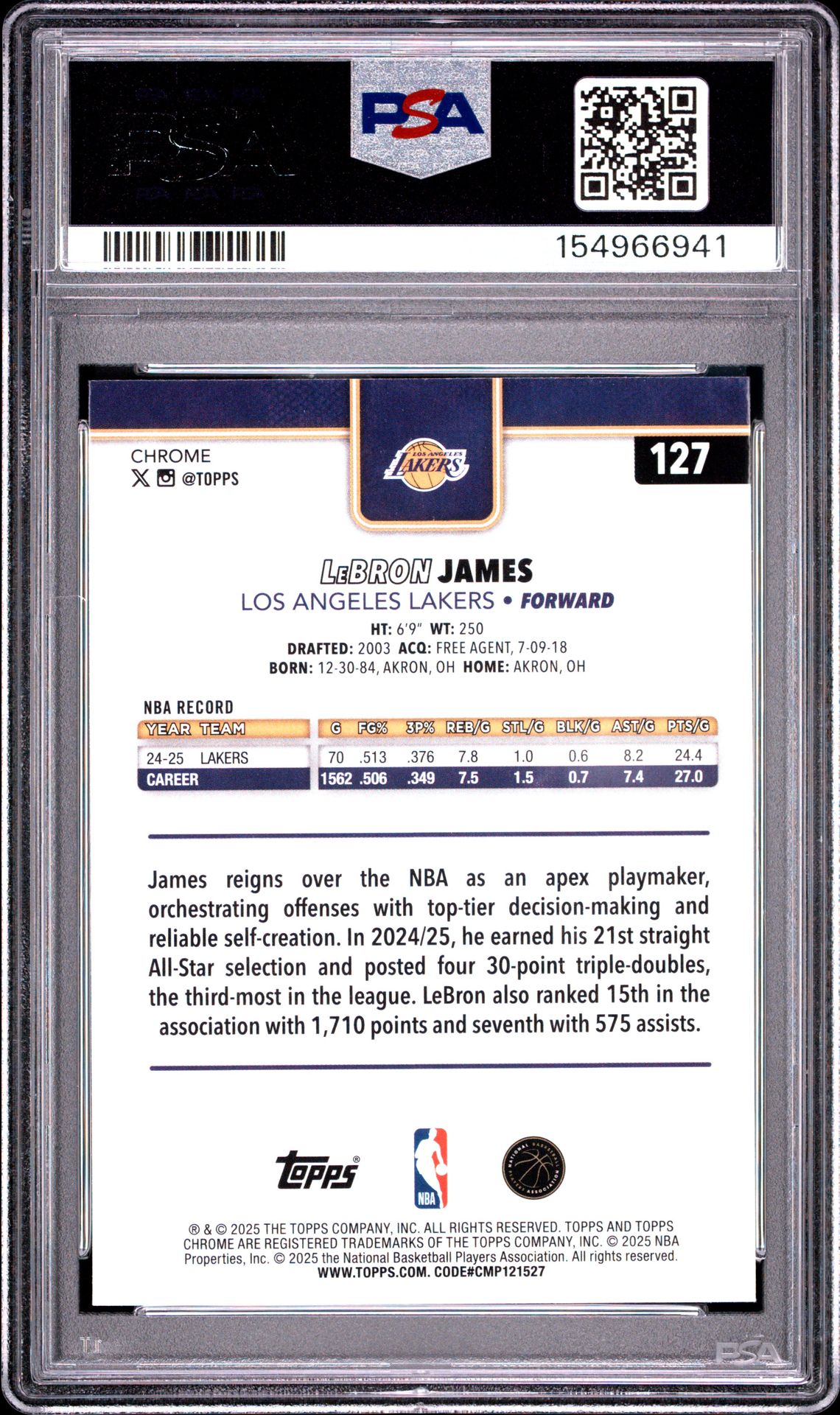 2025 Topps Chrome Lebron James #127 (X-Fractor) Gem Mt 10 back view - PSA certificate #154966941