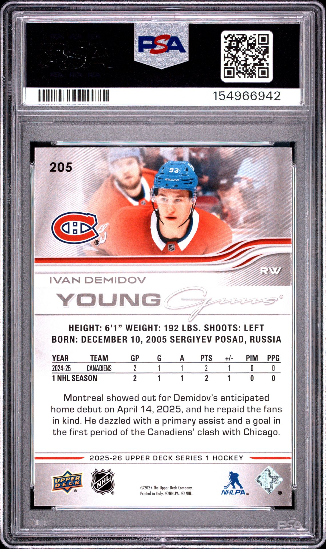 2025 Upper Deck Ivan Demidov #205 Mint 9 back