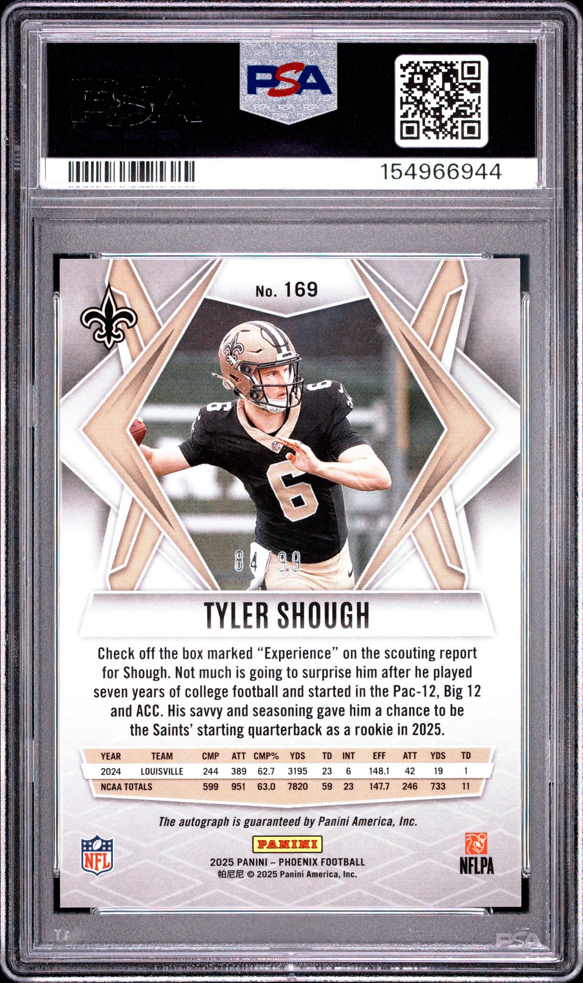 2025 Panini Phoenix Tyler Shough #169 (Autograph-Mojo) Gem Mt 10 back view - PSA certificate #154966944