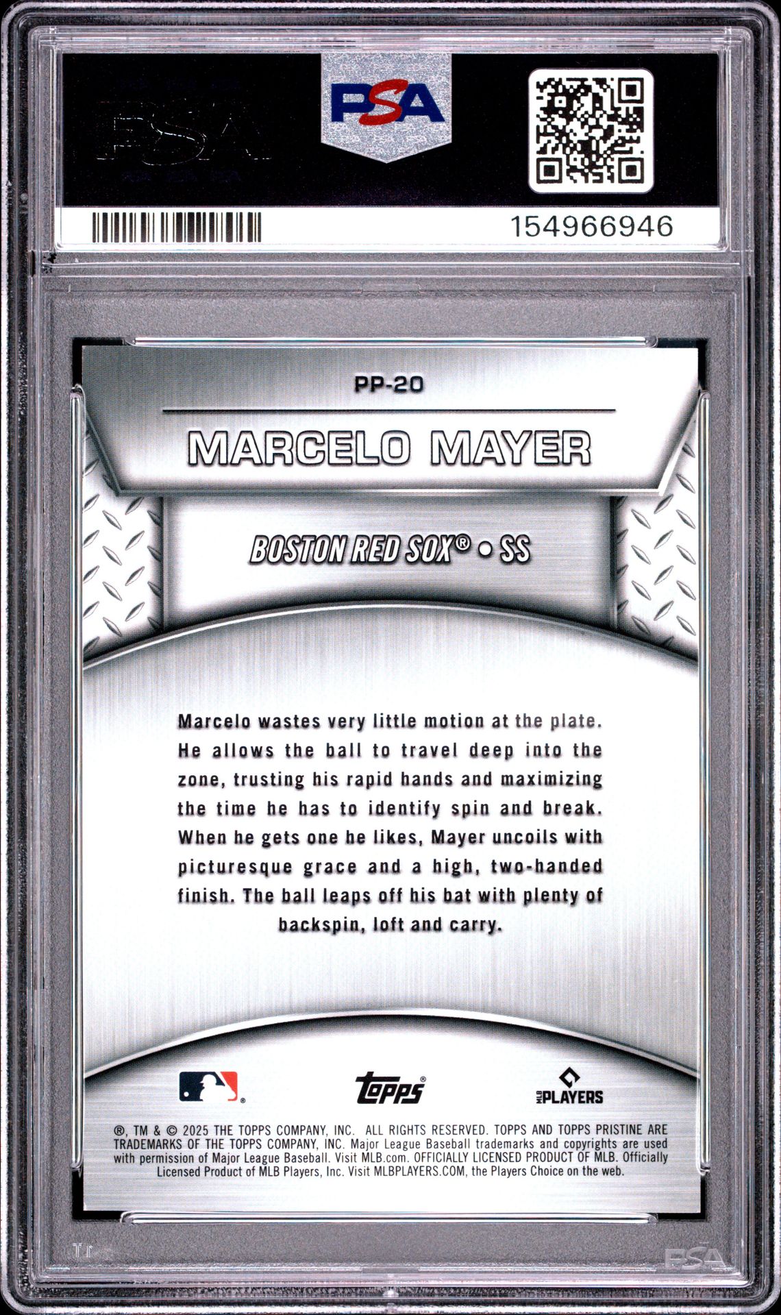 2025 Topps Pristine Plated And Polished Marcelo Mayer #20 (Plated/Polished-Gold Ref) Gem Mt 10 back