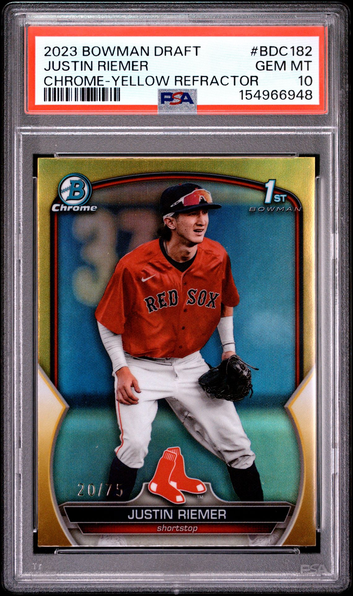 2023 Bowman Draft Justin Riemer #Bdc182 (Chrome-Yellow Refractor) Gem Mt 10 front view - PSA graded GEM MT 10