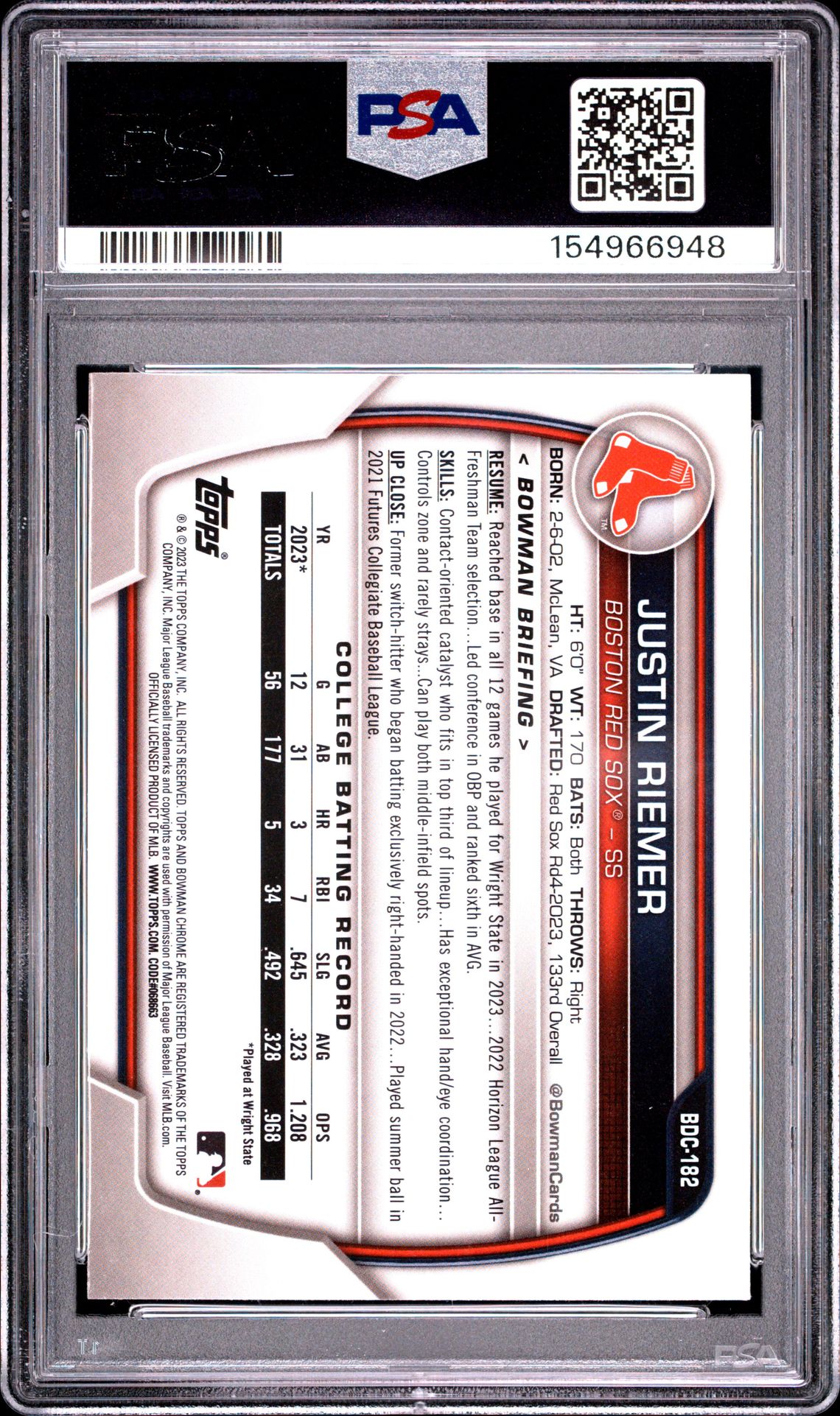 2023 Bowman Draft Justin Riemer #Bdc182 (Chrome-Yellow Refractor) Gem Mt 10 back view - PSA certificate #154966948