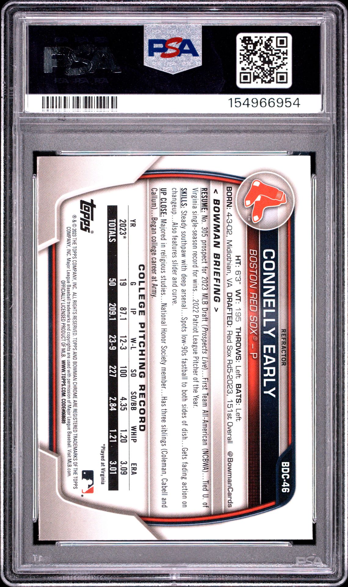 2023 Bowman Draft Connelly Early #Bdc46 (Chrome-Refractor) Gem Mt 10 back view - PSA certificate #154966954