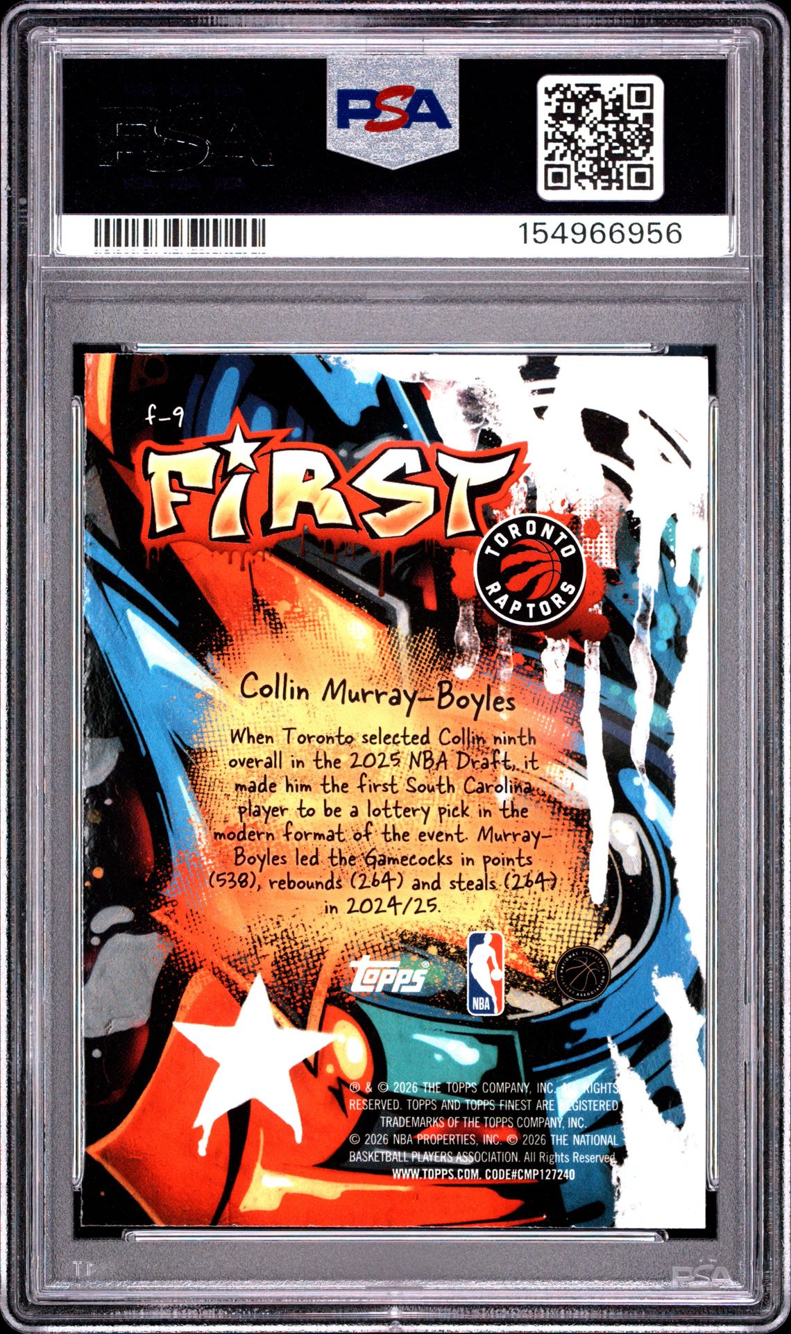 2025 Topps Finest First Collin Murray-Boyles #F-9 Gem Mt 10 back view - PSA certificate #154966956