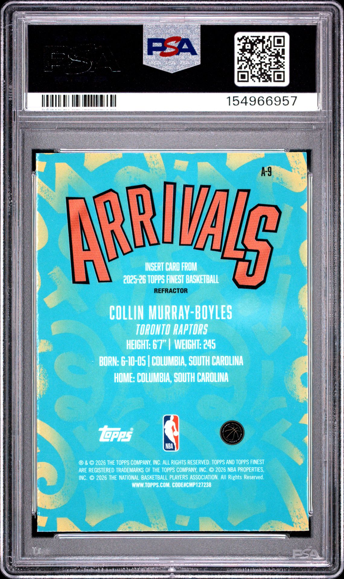 2025 Topps Finest Arrivals Collin Murray-Boyles #A-9 (Arrivals-Refractor) Mint 9 back