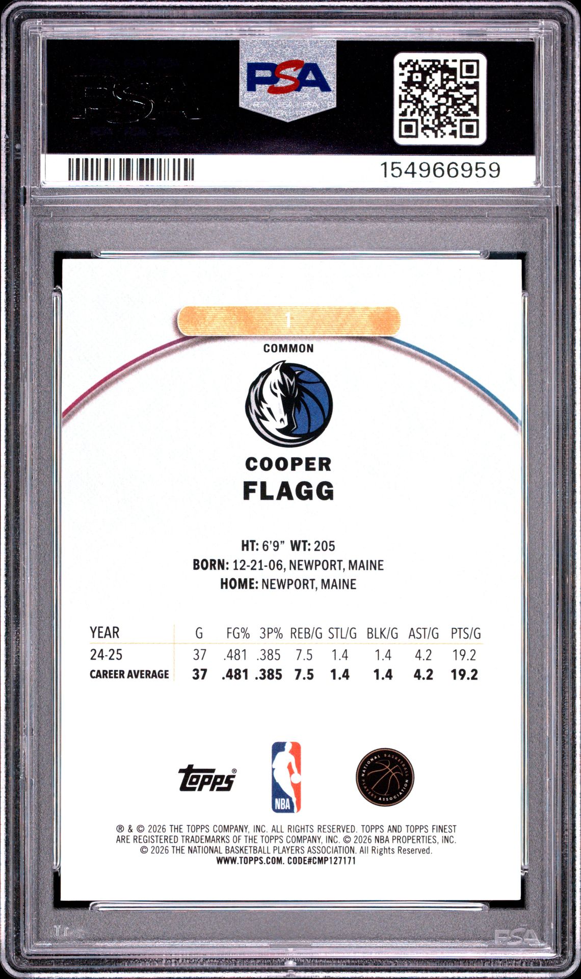 2025 Topps Finest Cooper Flagg #1 (Purple Refractor) Gem Mt 10 back view - PSA certificate #154966959