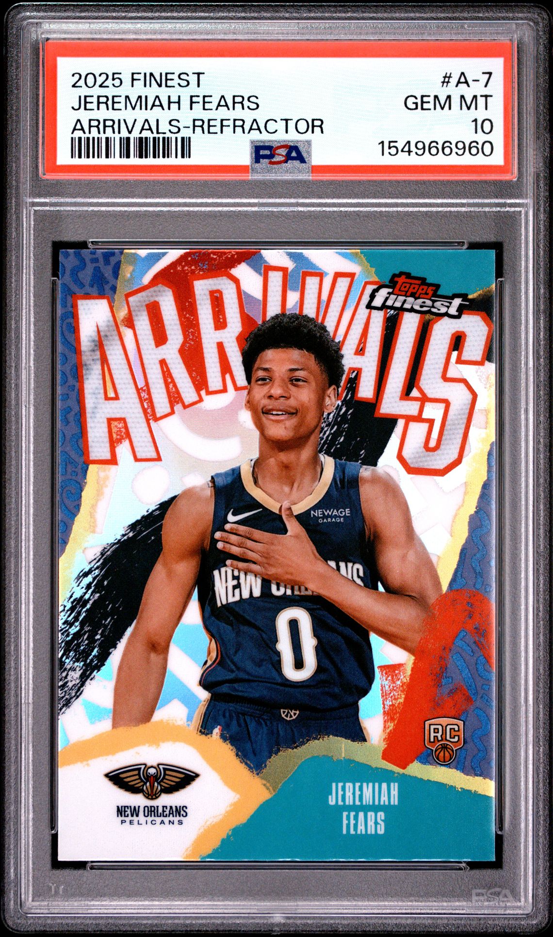 2025 Topps Finest Arrivals Jeremiah Fears #A-7 (Arrivals-Refractor) Gem Mt 10 front view - PSA graded GEM MT 10