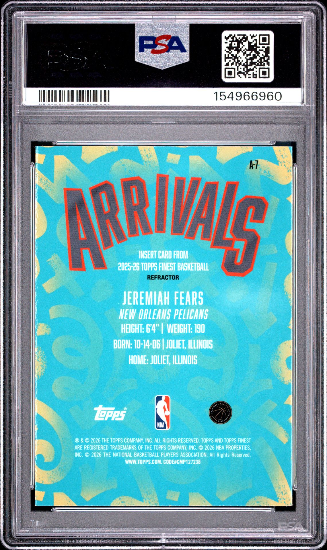 2025 Topps Finest Arrivals Jeremiah Fears #A-7 (Arrivals-Refractor) Gem Mt 10 back view - PSA certificate #154966960