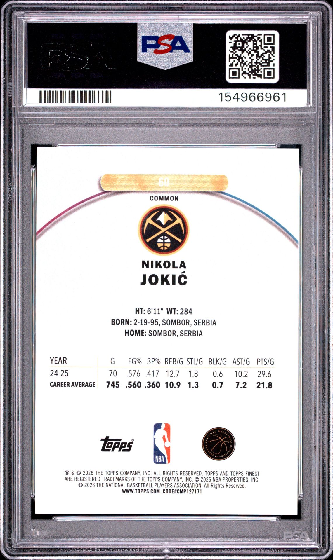 2025 Topps Finest Nikola Jokic #60 (Purple Refractor) Gem Mt 10 back view - PSA certificate #154966961