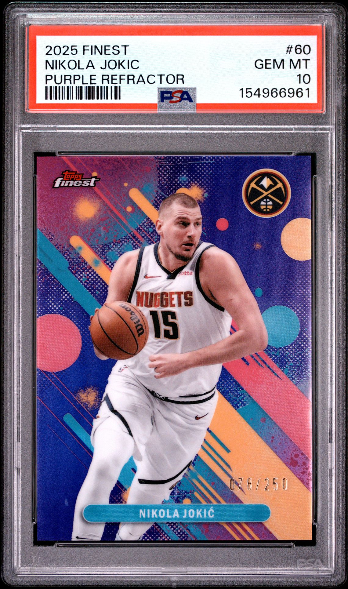 2025 Topps Finest Nikola Jokic #60 (Purple Refractor) Gem Mt 10 front view - PSA graded GEM MT 10