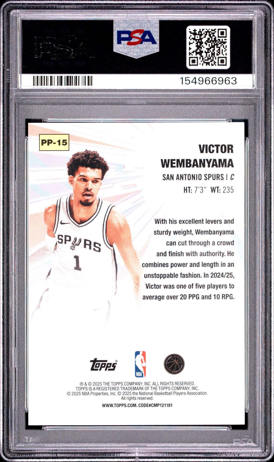 2025 Topps Power Players Victor Wembanyama #Pp-15 Gem Mt 10 back view - PSA certificate #154966963