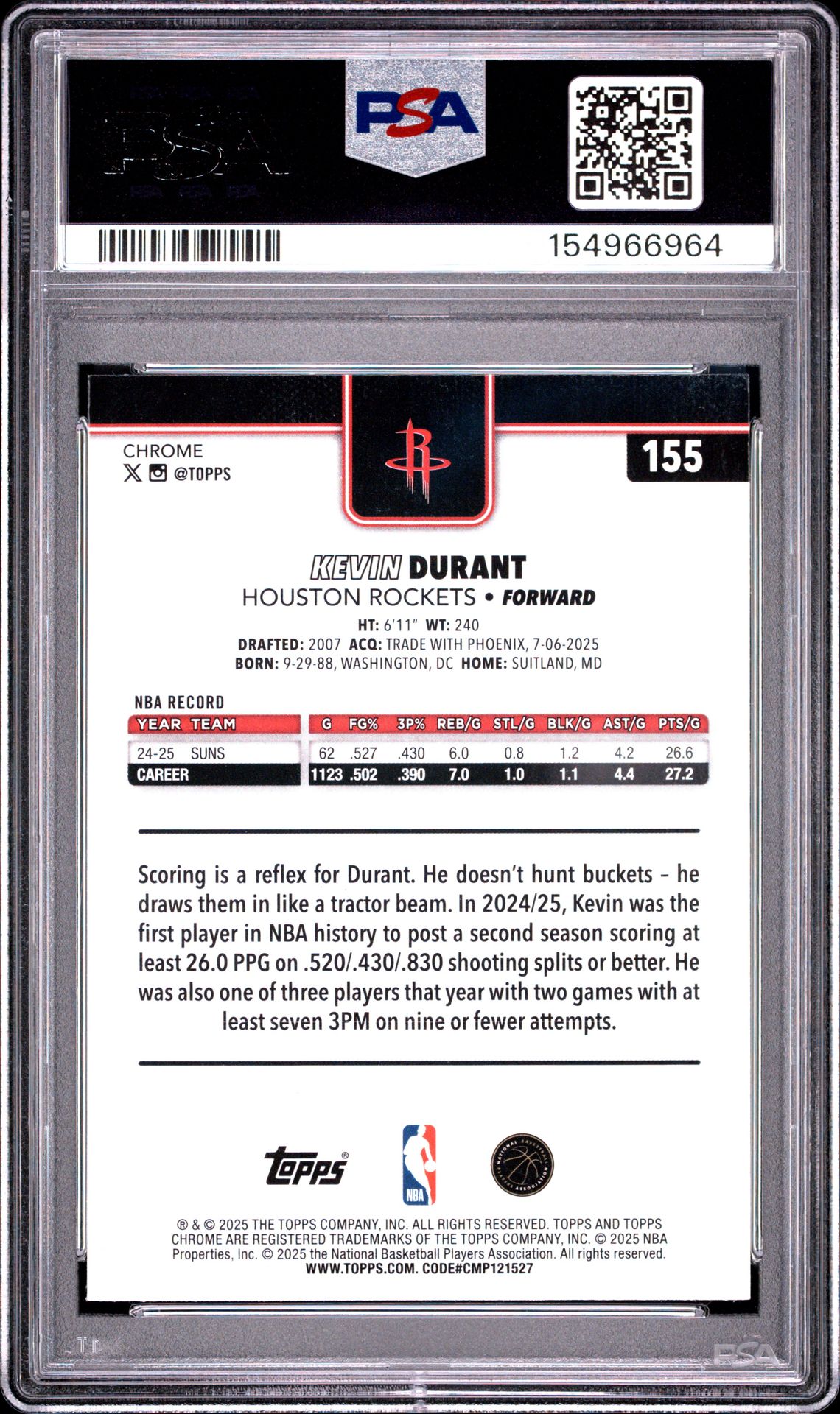 2025 TOPPS CHROME KEVIN DURANT BASKETBALL REFRACTOR 155 GEM MT 10 back