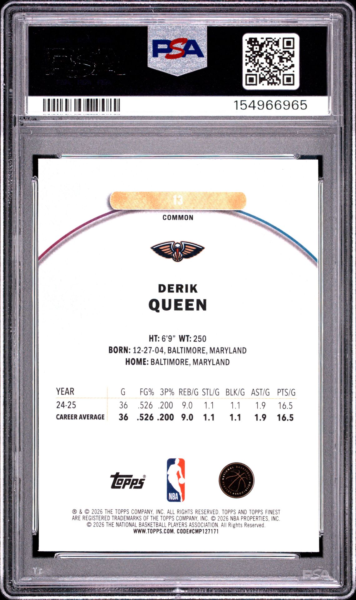 2025 Topps Finest Derik Queen #13 (Oil Spill Refractor) Gem Mt 10 back view - PSA certificate #154966965