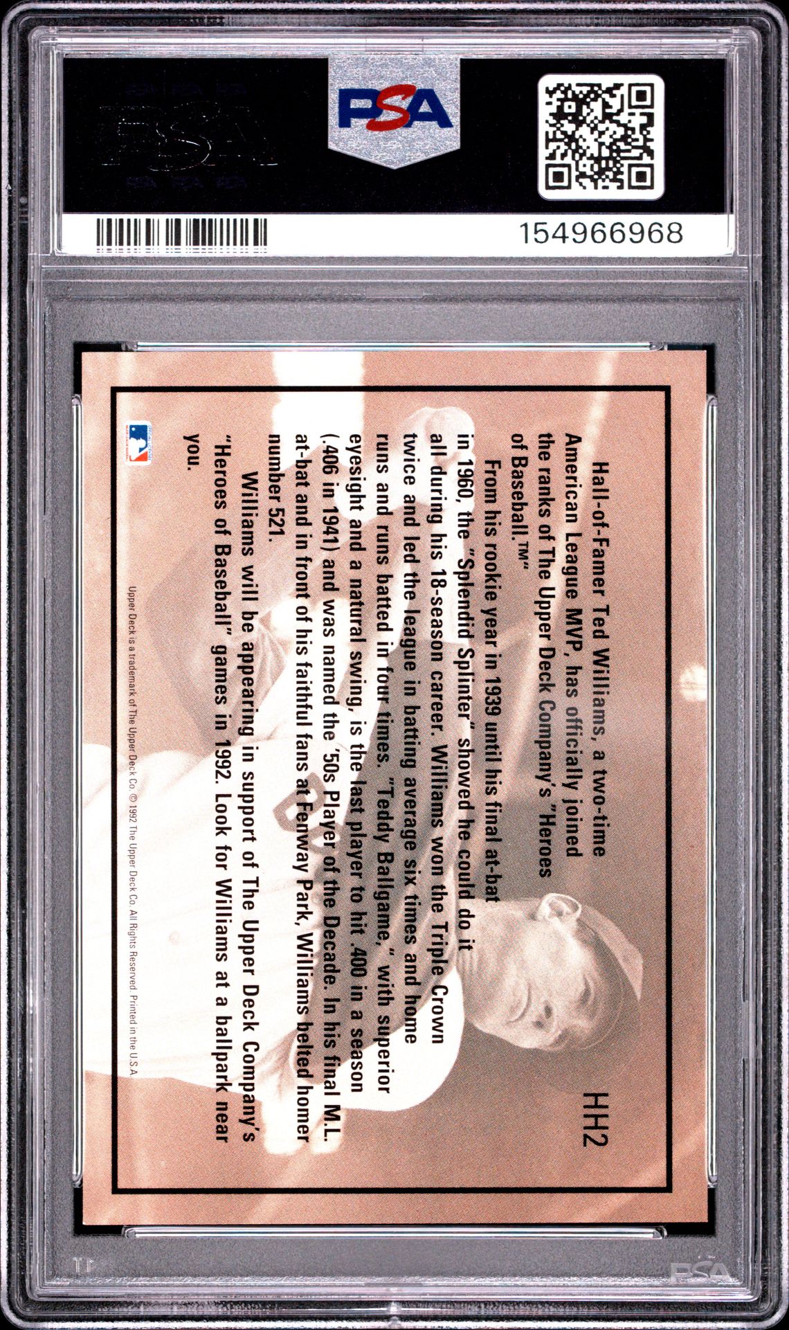 1992 Upper Deck Ted Williams #Hh2 (Hologram) Nm-Mt 8 back