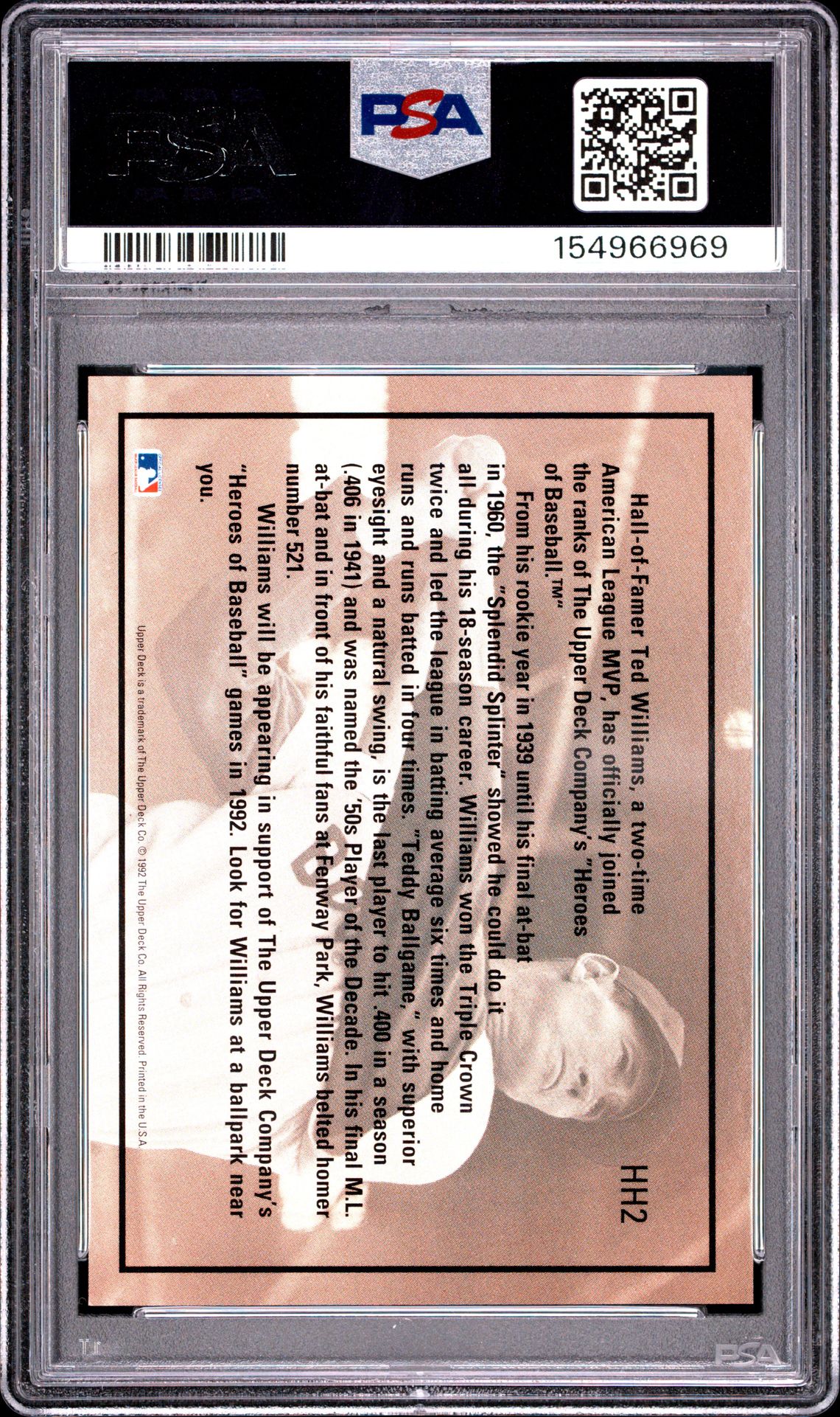 1992 Upper Deck Ted Williams #Hh2 (Hologram) Nm-Mt 8 back