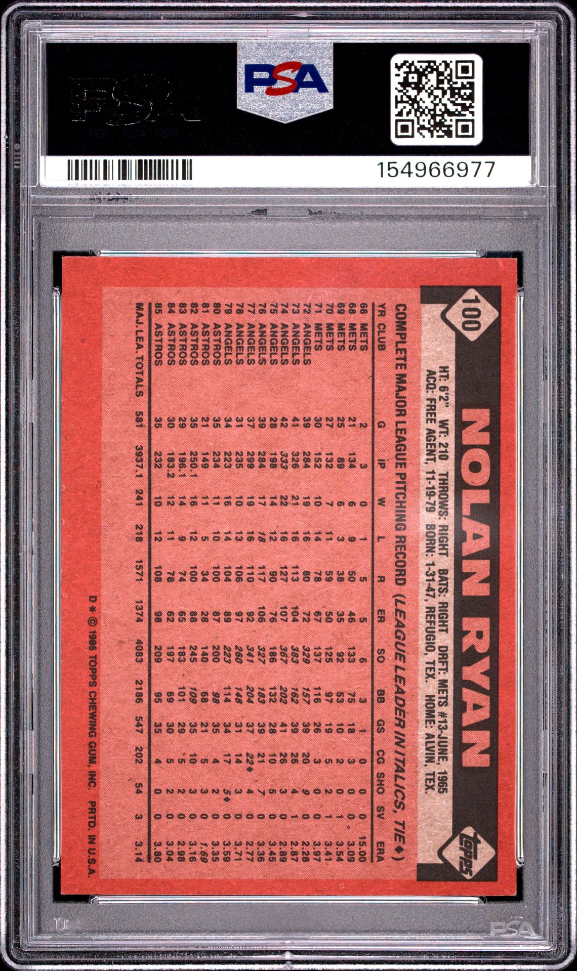 1986 Topps Nolan Ryan #100 Ex-Mt 6 back
