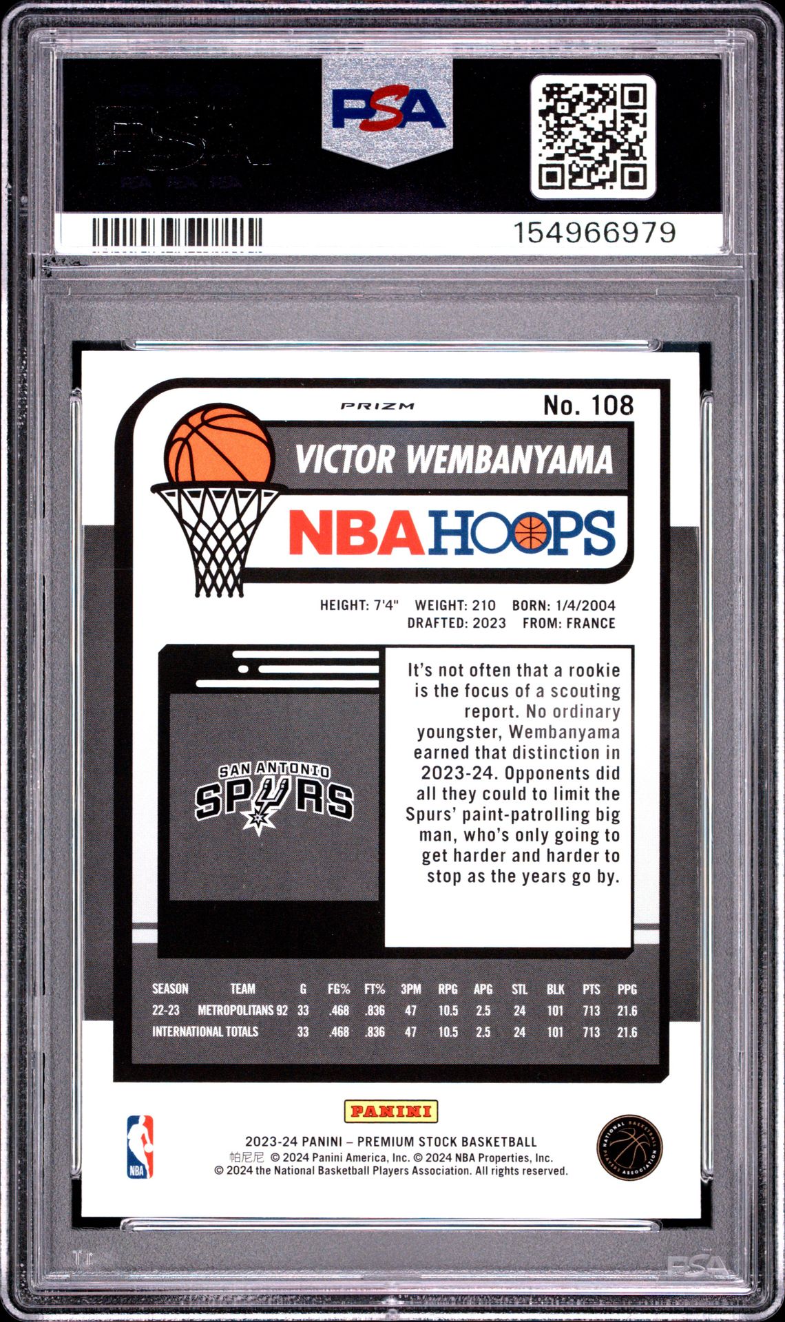 2023 Panini Hoops Premium Stock Victor Wembanyama #108 (Silver Prizm) Mint 9 back
