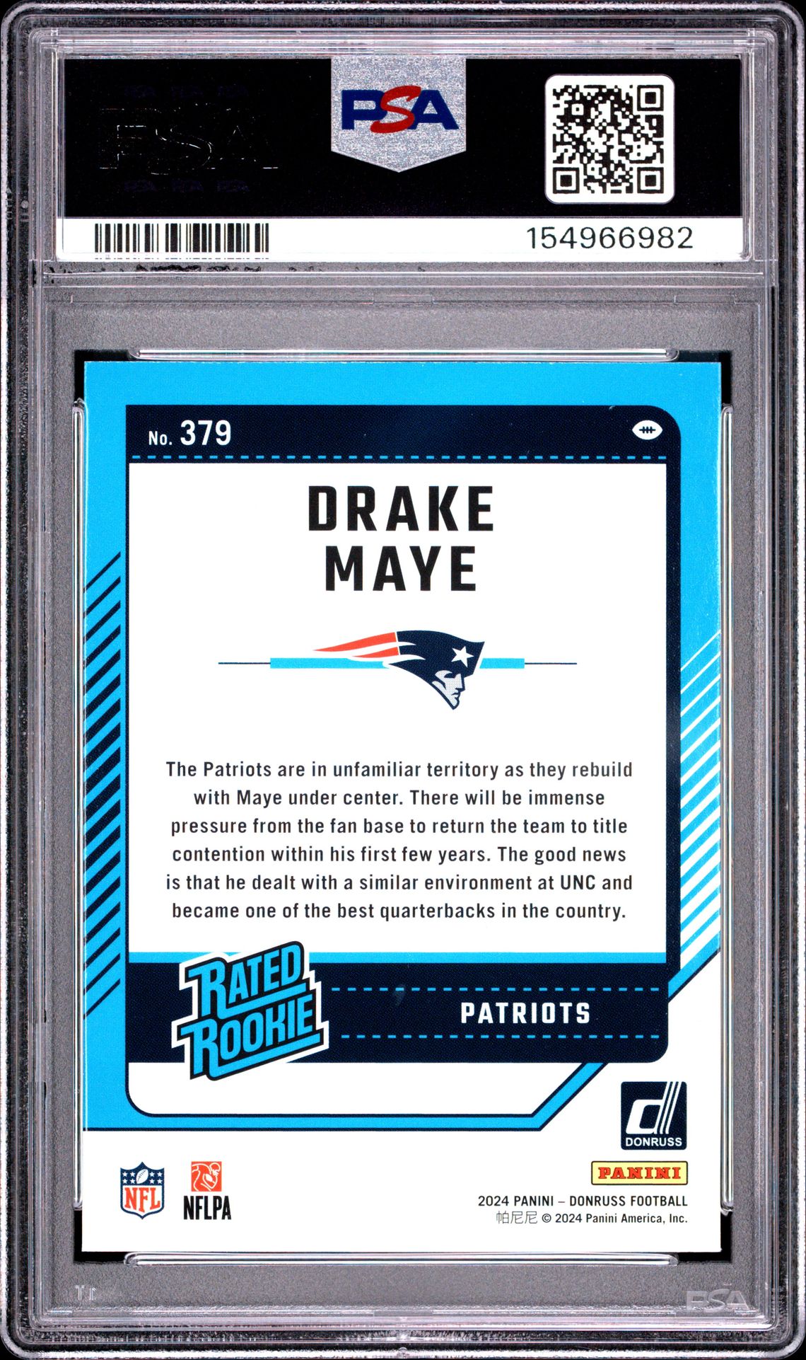 2024 Panini Donruss Drake Maye #379 Gem Mt 10 back view - PSA certificate #154966982