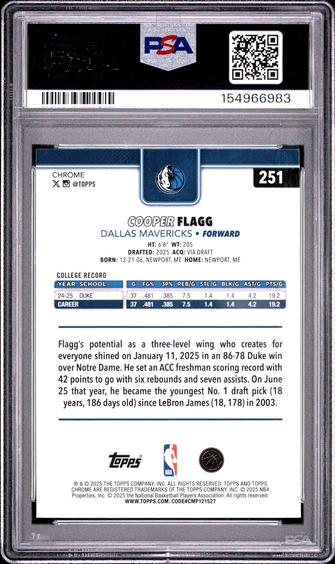 2025 Topps Chrome Cooper Flagg #251 Gem Mt 10 back