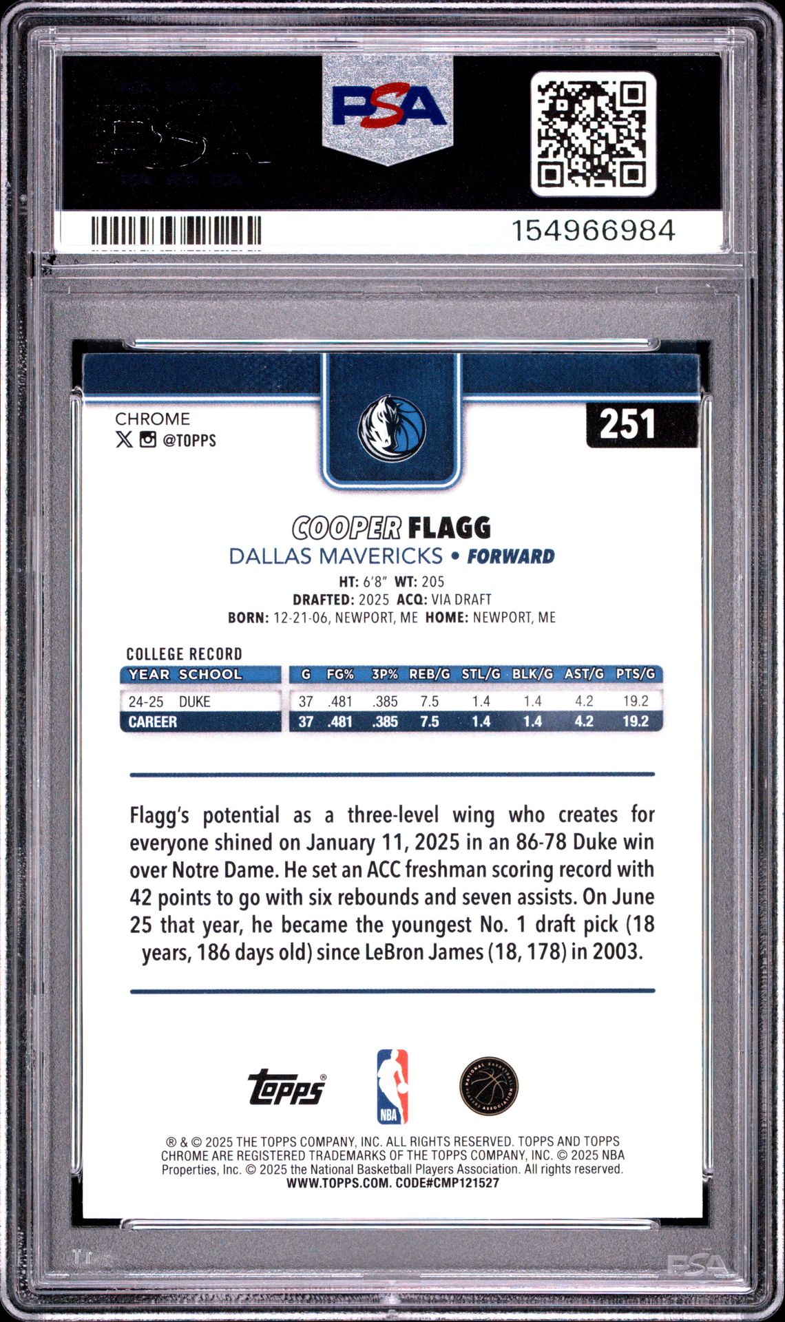 2025 Topps Chrome Cooper Flagg #251 Gem Mt 10 back view - PSA certificate #154966984