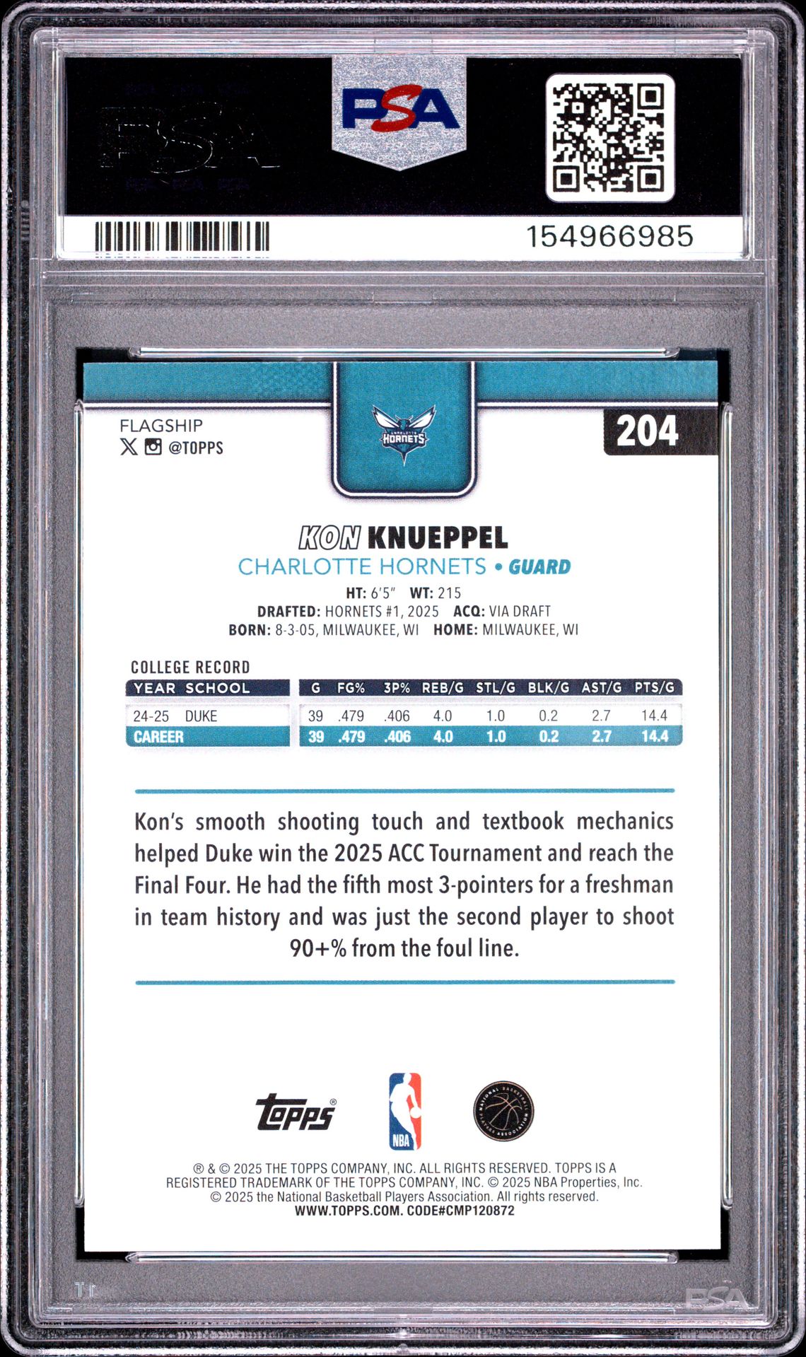 2025 Topps Kon Knueppel #204 Mint 9 back