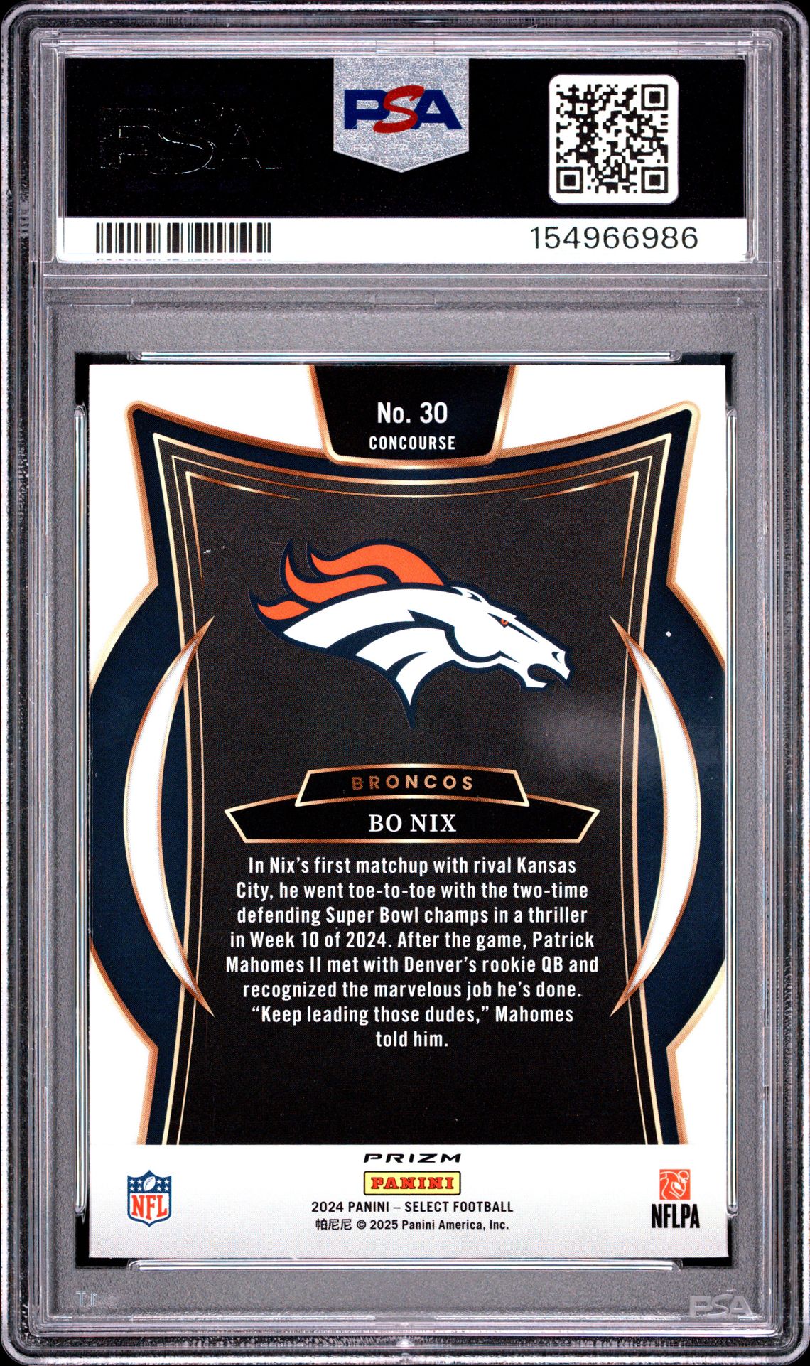 2024 Panini Select Bo Nix #30 (Black & Red Shock) Gem Mt 10 back view - PSA certificate #154966986